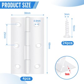 Pack of 4 Hinge, Foldable, 68 mm x 38 mm, Stainless Steel Door Hinge White Hinge Piano Hinge Outdoor Hinge Hinge for Doors, Windows, Cabinets with 24 Screws
