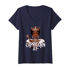 Womens Capricorn AF Vibes Queen Energy Zodiac Crown Afro Regal V-Neck T-Shirt