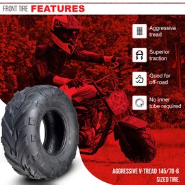 AlveyTech 145/70-6 V-Tread Tire - For the Monster Moto/Mega Moto Classic 80cc Mini Bike, All Terrain, Rubber Tubeless Tires for Go-Kart, Quad, Mini Dirt Bike, UTV, ATV, Lawn Mower and Electric Cart
