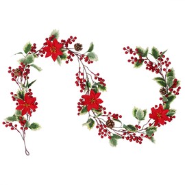 Weldomcor 190 cm Garlands Christmas Artificial Berry Garland with Pine Cones Green Leaves Red Flower Christmas Garland Decoration for Christmas Wedding Party Wreaths Christmas Decoration