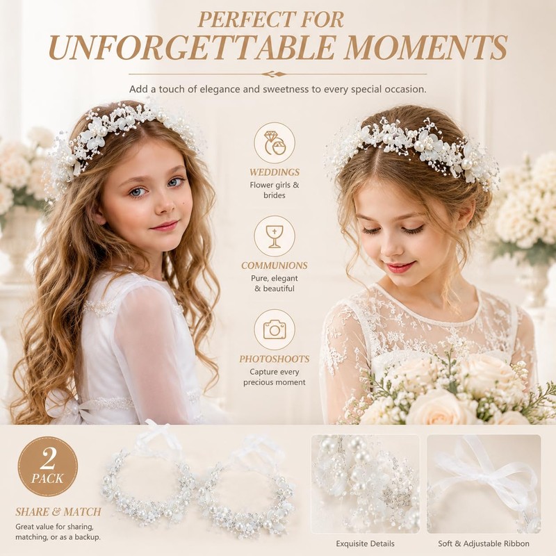 2 Pcs Flower Girl Headpiece, Silver Pearl Rhinestone Flower Hair