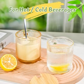 AGH Glass Coffee Mugs Set of 4, 11 oz Glass Cup with Lids and Spoons, Clear Iced Coffee Glasses for Hot/Cold Beverages, Vintage Ribbed Coffee Cup for Latte, Cappuccino