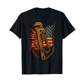 Patriotic Plumber Distressed Wrench US Flag Plumbing T-Shirt