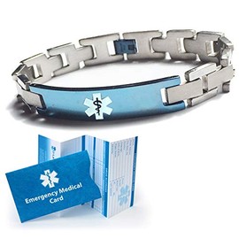 Stainless Steel Box Link Medical Alert ID Bracelet with Translucent Blue Accents (9.0")