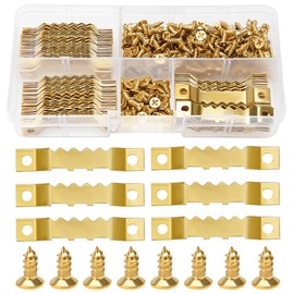 YIXISI 85 Pieces Sawtooth Picture Hangers + 170 Pieces Screws, Double Hole Picture Frame Hangers, Sawtooth Picture Frame Holder for Stretcher Frame, Picture Frame Hanger, Golden (45 x 8 mm)