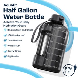 AQUAFIT Half Gallon Water Bottle with Time Marker - Straw & Chug Lid - BPA Free Gym Water Bottle with Straw - Big Gallon Jug (Gray, 64 oz - 2 Lids)