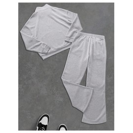 VIPWOLF Men's Sweatsuits 2 Piece Set Letter Graphic Quarter Zip Pullover Top and Baggy Sweatpants Jogging Suits Light Grey Small