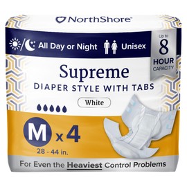 NorthShore Supreme Incontinence Tab-Style Briefs for Men and Women, White, Medium, Starter Pack/4