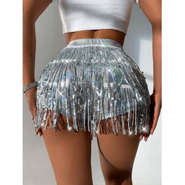 Floerns Women's Shiny Sequin Tassel Trim Skorts Dance Hip Rave Mini Skirts Shorts Silver X-Small