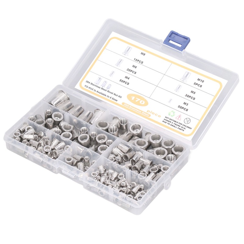 170pcs M3‑M10 304 Stainless Steel Rivet Nuts Durable Flat Head