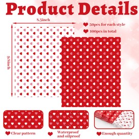 JarThenaAMCS 100Pcs Valentine's Day Wax Paper Red White Heart Deli Paper Tissue Sandwich Wrap Paper Waterproof Oil-Proof Picnic Liner For Party Kitchen Supplies