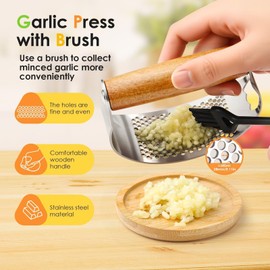 NEUTYPECHIC Garlic Press Stainless Steel Garlic Press Wooden Handle Garlic Press Rocker with Bottle Opener, Garlic Rocker Suitable for Chopping Garlic and Lngwer Lngwer and Mashed Potatoes