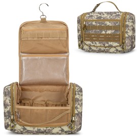 Prokva Tactical Toiletry Travel Bag for Men, Hanging Dopp Kit Hygiene Bag Shower Organizer with Hook for Toiletries and Shaving Care, Camouflage Brown (Empty Bag)
