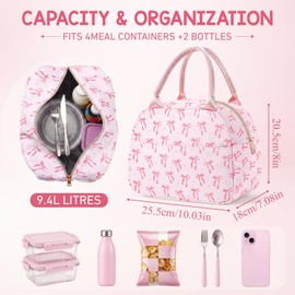 Cunno Insulated Nylon Lunch Bag for Women Man Adult Lightweight Pink Bow Food Box Leakproof Cooler Food Containers Reusable Large Capacity Water Resistant Lunch Bag for Work Picnic or Travel