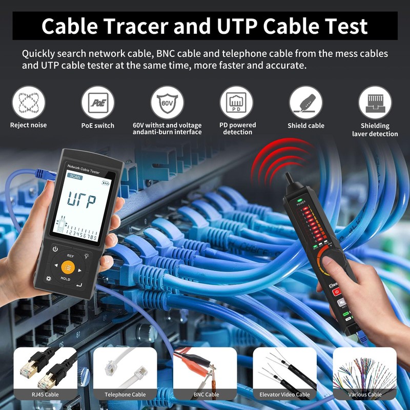 Multifunction RJ45 Network Caber Tester,Cable Tracer,Rechargeable Wire Tester,UTP Conntinue and