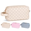 MAGEFY Makeup Bag, Checkered Travel Cosmetic Bag with Handle Leather