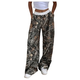 SOLY HUX Women's Camo Pants Elastic Waist Baggy Wide Leg Y2k Sweatpants with Pockets Brown Maple Leaf Medium