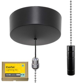 ElekTek Premium Matt Black Bathroom Light Pull Cord Switch Kit - Black Cylinder Chrome Chain
