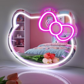 YASIZESOU Hello Kit Vanity Mirror with Neon Sign 14 x 11.8inch Large Size, Hello Kit LED Mirror Adjustable Brightness USB Powered, Pink Bow, Girl Room Decor Mirror, Wall Mirror, Women Makeup Mirror