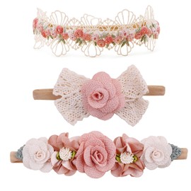 cherrboll 3pcs Baby Girl Headbands Flowers, Super Soft & Stretchy Nylon Floral Hairbands for Newborn Toddler