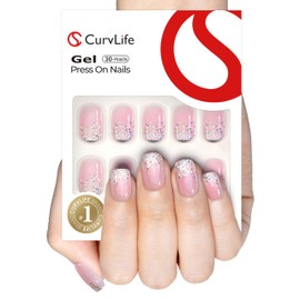 Curvlife Soft Gel Press on Nails, Short Square Shining French Nail Tips, 30pcs Full Cover Design Reusable Fake Nails Kit with Glue and Adhesive Tabs