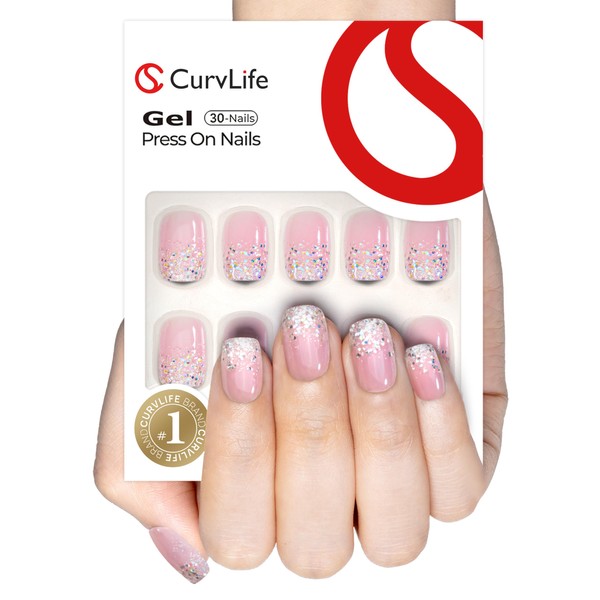 Curvlife Soft Gel Press on Nails, Short Square Shining French