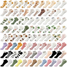 Mumufy 100 Pairs 100 Style Women Low Ankle Sock Low Cut No Show Socks Fruits Animals Funny Dog Cat Cow Lion Flowers Pastel Color Stripes Cute Socks for Women Ladies Gifts