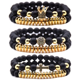 HYHONEY 3 Set Men Bracelet Zircon Crown King Beads Bracelet For Men Women Mens Bracelet Couple Bracelet Bracelets For Men Beads Elastic Adjustable Cross Bracelet For Women Gold Beaded Bracelets