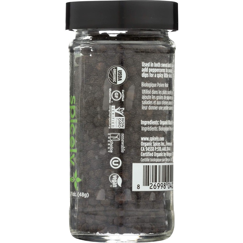 Spicely Organic Peppercorn Black Whole 1.70 Ounce Jar Certified Gluten
