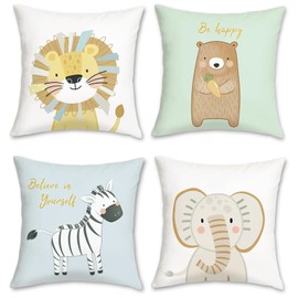 Bonhause Cartoon Animals Cushion Covers 45 x 45 cm Lion Bear Zebra Elephant Soft Velvet Decorative Throw Pillow Covers for Sofa Couch Bed Home Patio Decor Set of 4