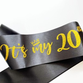 It’s My 20th Birthday Sash,20th Birthday Sash for Girls,Glitter Letter 20th Birthday Sash for Girls,Happy 20th Birthday Party Decorations,Black and Gold