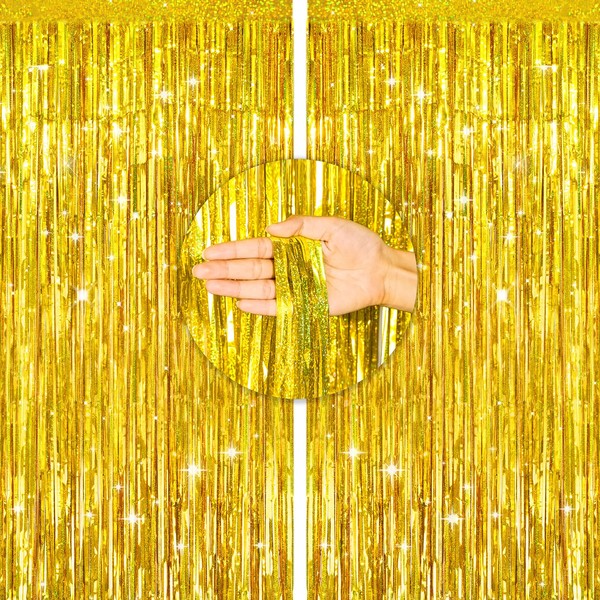G2PLUS Gold Glitter Foil Curtains, 2PCS Metallic Tinsel Foil Fringe