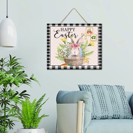 Autravelco Happy Easter Bunny Rabbit Buffalo Check Room Decor Signs Vintage Wood Sign Positive Yellow Blue Floral Tulip Wall Art Wood Plaque Sign Home Decor for Bathroom Porch 10x12 Inch
