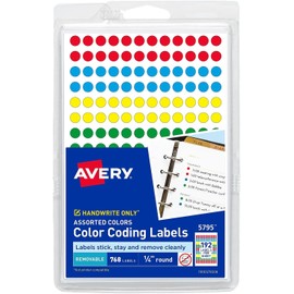 AVERY Color Coding Labels, 1/4 quot;, Dia., Removable, 760/PK, Assorted by AveryÃ‚®