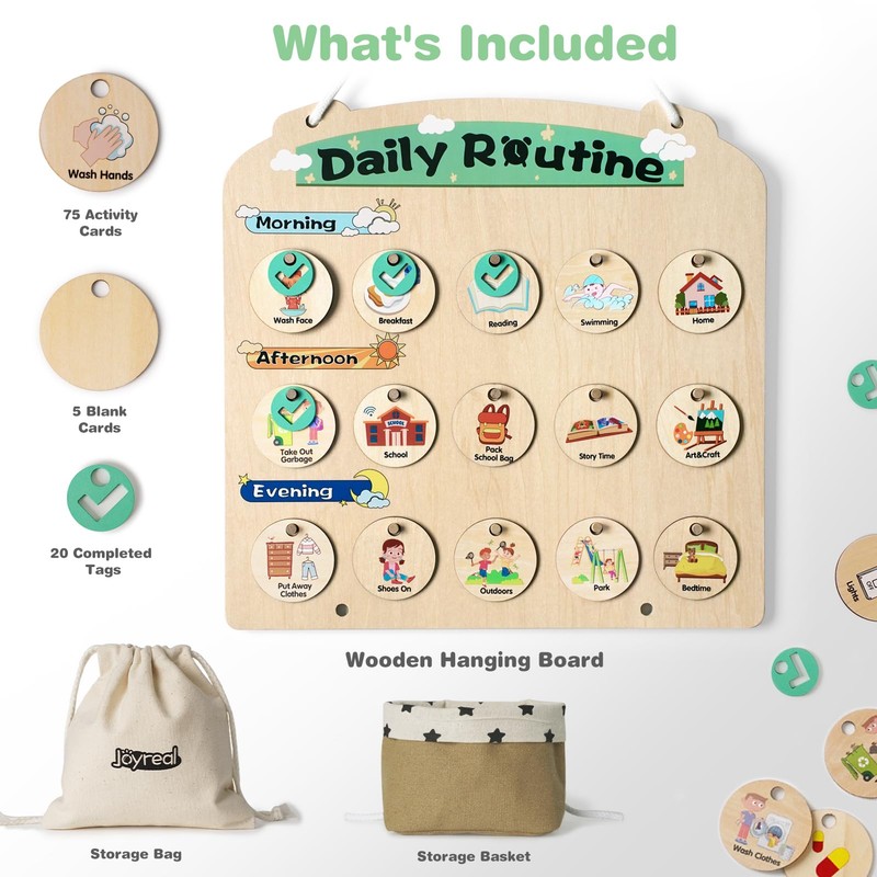 Joyreal Wooden Visual Schedule for Kids - Three Rows Hanging