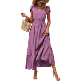 PRETTYGARDEN Summer Dresses for Women 2025 Casual Short Sleeve Maxi Dress Swiss Dot V Neck Smocked A Line Flowy Long Dress(Purple,Large)