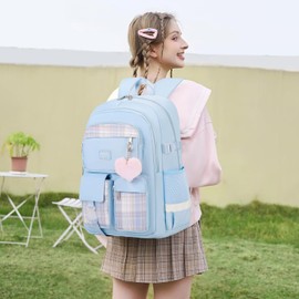 qodbopack 3PCS School Backpack For Student Women College Middle High Teen Girls Bookbag Waterproof Laptop Bag Plaid Blue