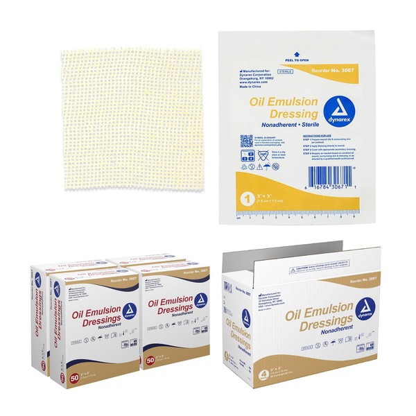 Dynarex Oil Emulsion Dressings, Wound Care, Absorbent, 3” x 3” Sterile Knitted Gauze Dressing with Emulsion Blend of Petrolatum and Sunflower Oil, 4 Boxes - 50 Dressings Each
