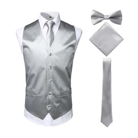 ZEROYAA Men's Solid 4pc Shiny Satin Vest Necktie Bowtie Pocket Square Set for Suit or Tuxedo ZLSV12 Silver Large