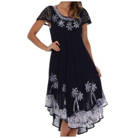 Sakkas A009 Batik Palm Tree Cap Sleeve Caftan Dress/Cover Up - Navy - One Size