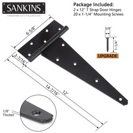 SANKINS 12 Inch T-Strap Shed Door Hinges Heavy Duty, Black Tee Hinge for Wooden Fences, Yard Door, Barn Door Gates, Wrought Hardware Rustproof, 2PCS