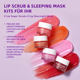 ANRCOLLECT Lip Mask + Lip Scrub, 4P Lip Care Set with 2 Lip Scrub + 2 Lip Masks, Lip Sleeping Mask for Lip Scrub, Lip Overnight Hydration, Lip Care, Dry Lips