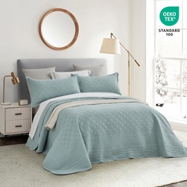 CHIXIN Oversized Cotton Bedspread King Size - Real Stitching - Luxury Quilted Bedding Cover for All Season, Reversible, Ultra Soft, Lightweight, 3 Piece, Pale Blue