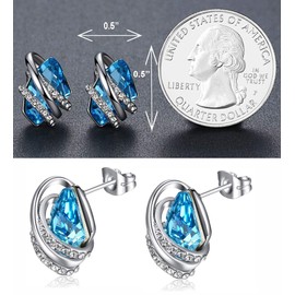 Leafael Wish Stone Stud Earrings with Aquamarine Blue Birthstone Crystal for March, Silver-tone