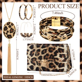 Sotiff 5 Pcs Women Leopard Purse Leopard Jewelry Set Necklaces Clutch Earring Leather Wrap Bracelets Long Tassel Pendant(Elegant)