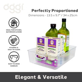 Oggi Clear Fluted Storage Bin with Handle - Durable Plastic Organizer for Fridge, Pantry, Cabinets & Countertop, Modern Farmhouse Style, Ideal for Kitchen Organization and Storage, 13.5" x 9.7"