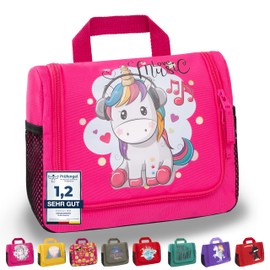 GRINSEZWERGE Children's Toiletry Bag, Travel Toiletry Bag for Hanging, Cosmetic Bag, Wash Bag, Travel Bag, Cosmetic Bag, Travel Accessories, Emma Unicorn (Pink), Modern