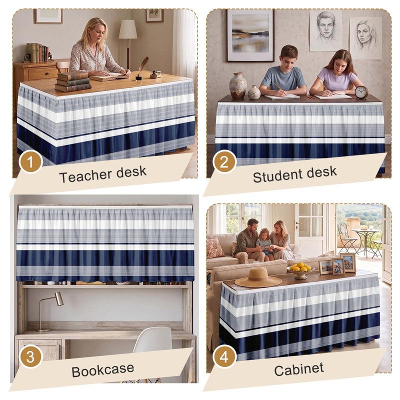 Sanwarm Striped Navy Nautical Table Skirt for Desk Rectangular Tablecloth