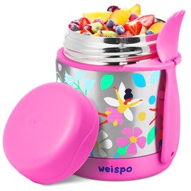 WEISPO Tarro de 304 Acero Inoxidable Aislado Al Vacío para Niños con Cuchara, Termo de Sopa de 10 Onzas de Alimentos, Termo para Comida Caliente, Termo para Viajes Escolares (3D Flower Fairy Rosa)