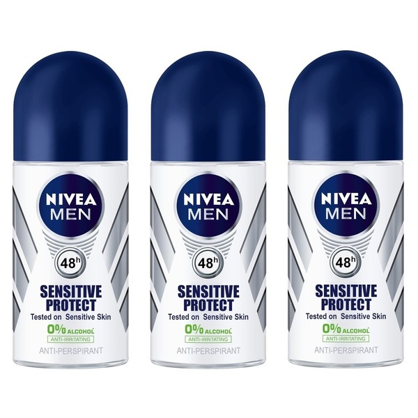 (Pack of 3 Bottles) Nivea SENSITIVE PROTECT Men's Roll On Anti-perspirant Deodorant (Pack of 3 Bottles, 1.7oz / 50ml Each Bottle)